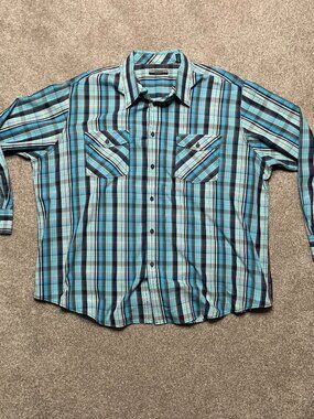 Alfani Big & Tall Men Dress Shirt 2XB Blue Teal Plaid Long Sleeve Button Up